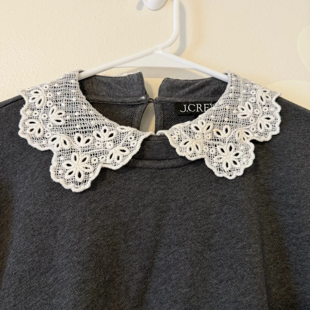 J. Crew Gray Pullover Crewneck Sweatshirt with Crochet Lace Collar and Cuffs